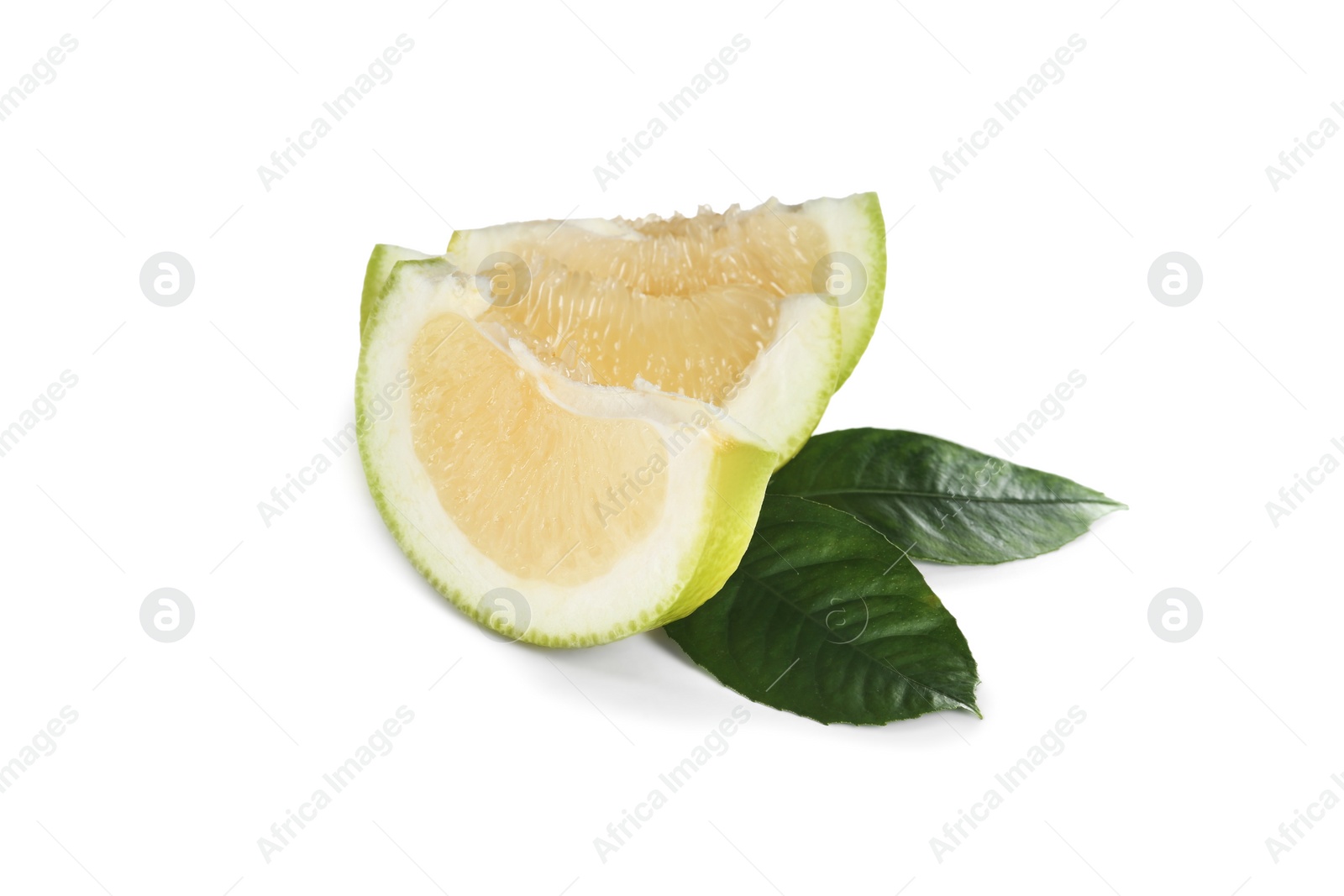Slices of fresh ripe sweetie fruit and green leaves on white background Photo of Slices of fresh ripe sweetie fruit and green leaves on white background