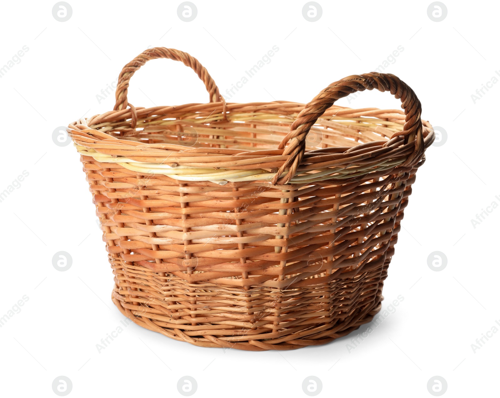 Wicker basket with handles isolated on white Photo of Wicker basket with handles isolated on white