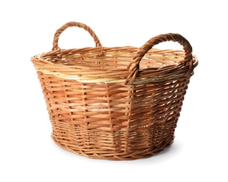 Wicker basket with handles isolated on white Photo of Wicker basket with handles isolated on white