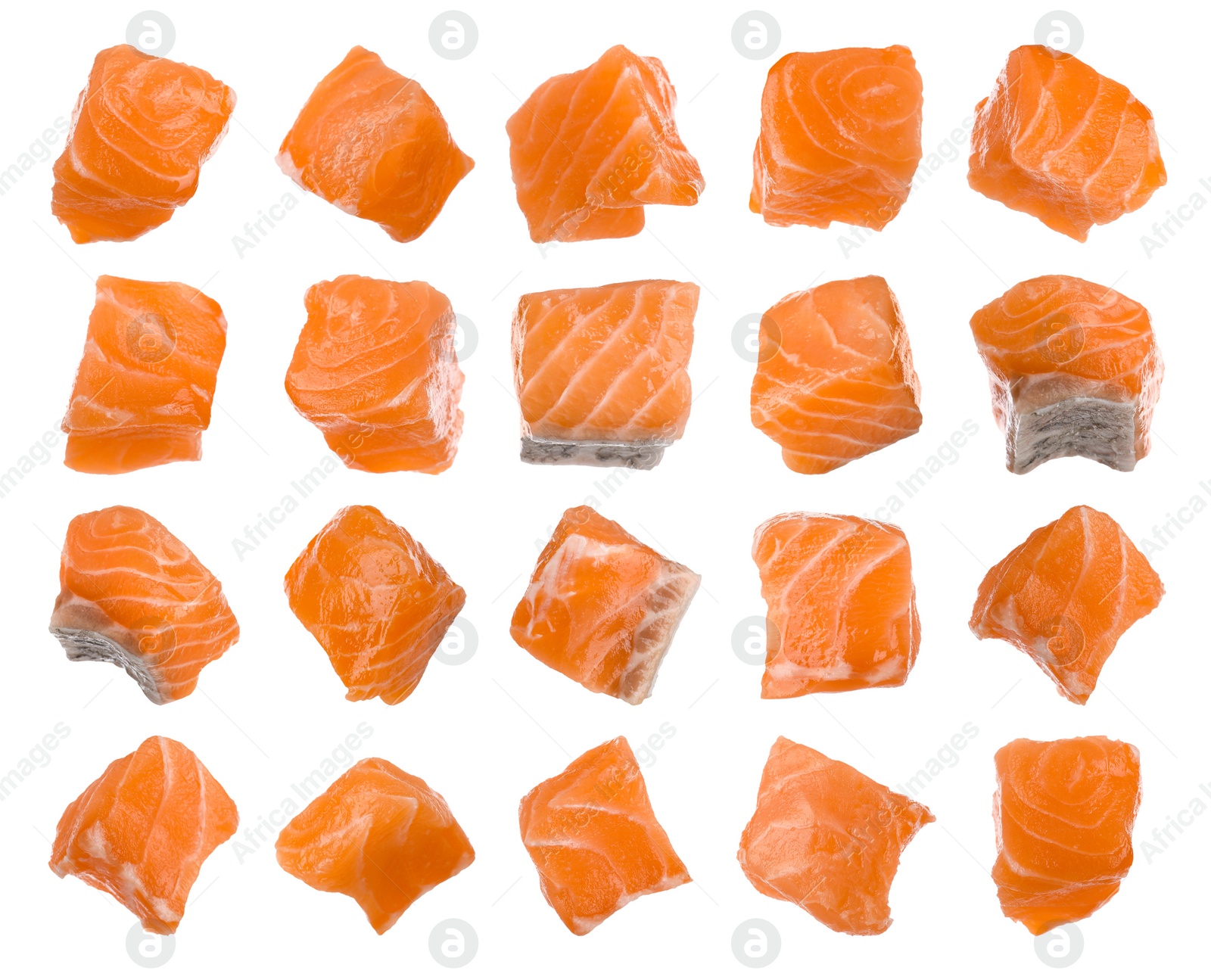 Set with pieces of fresh raw salmon on white background. Fish delicacy Image of Set with pieces of fresh raw salmon on white background. Fish delicacy