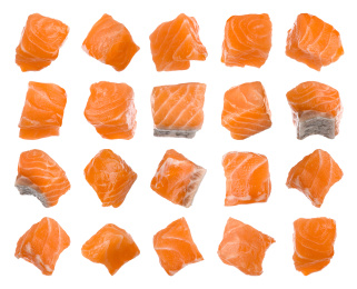 Set with pieces of fresh raw salmon on white background. Fish delicacy Image of Set with pieces of fresh raw salmon on white background. Fish delicacy