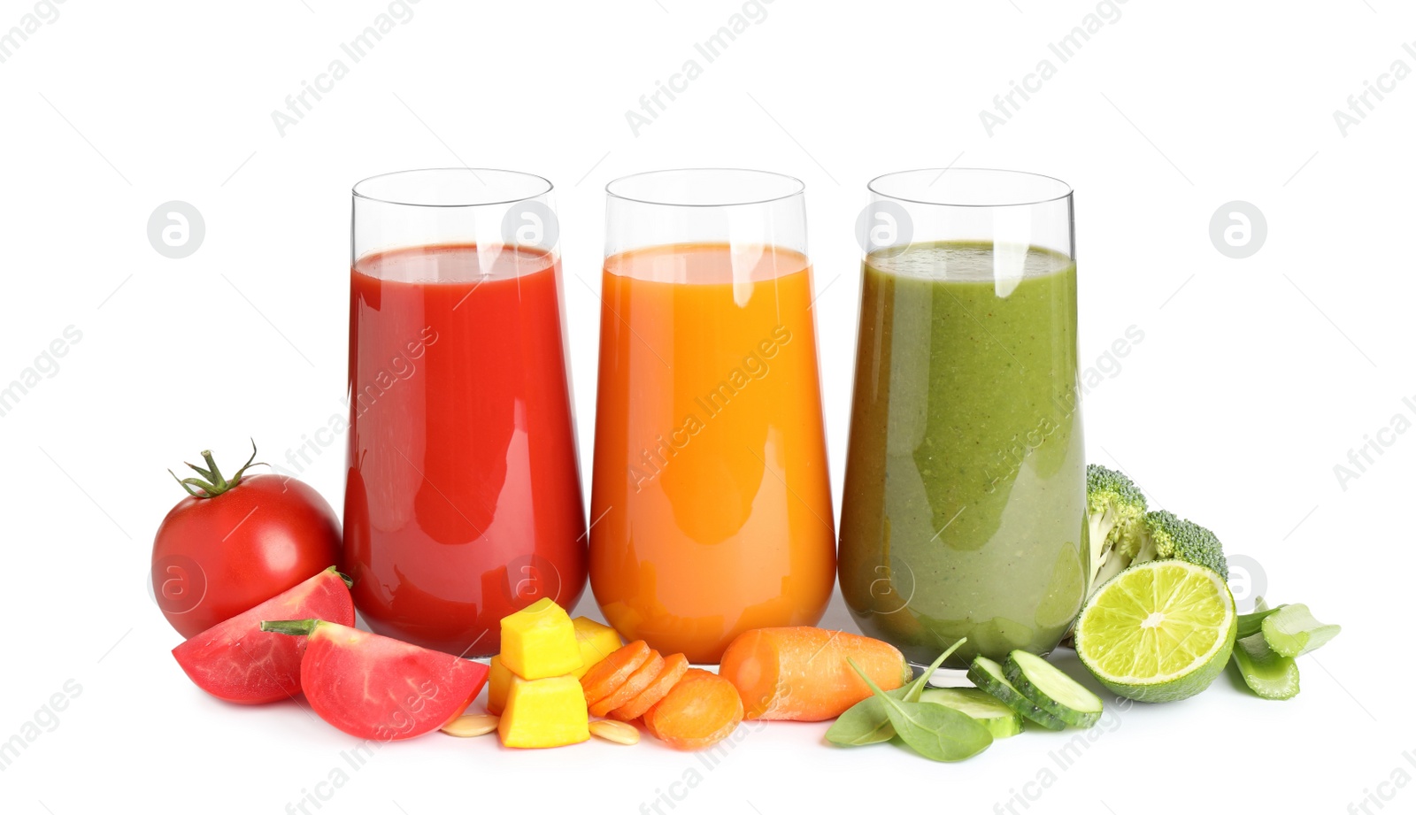 Different tasty juices and fresh ingredients on white background Photo of Different tasty juices and fresh ingredients on white background