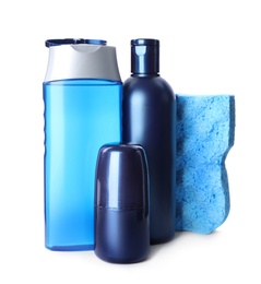 Set of different men's cosmetic products isolated on white Photo of Set of different men's cosmetic products isolated on white