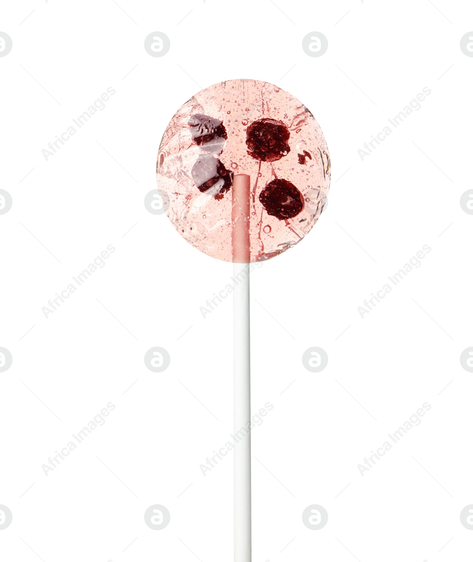 Photo of Sweet colorful lollipop with berries isolated on white