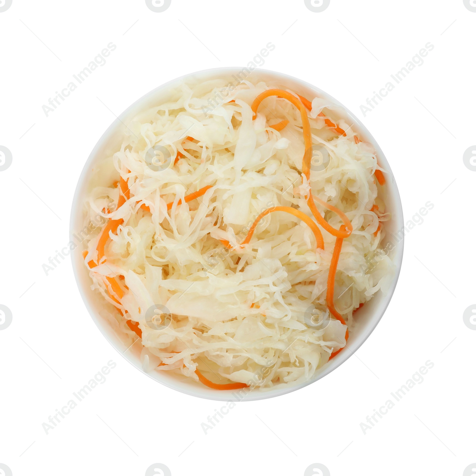 Bowl of tasty fermented cabbage isolated on white, top view Photo of Bowl of tasty fermented cabbage isolated on white, top view