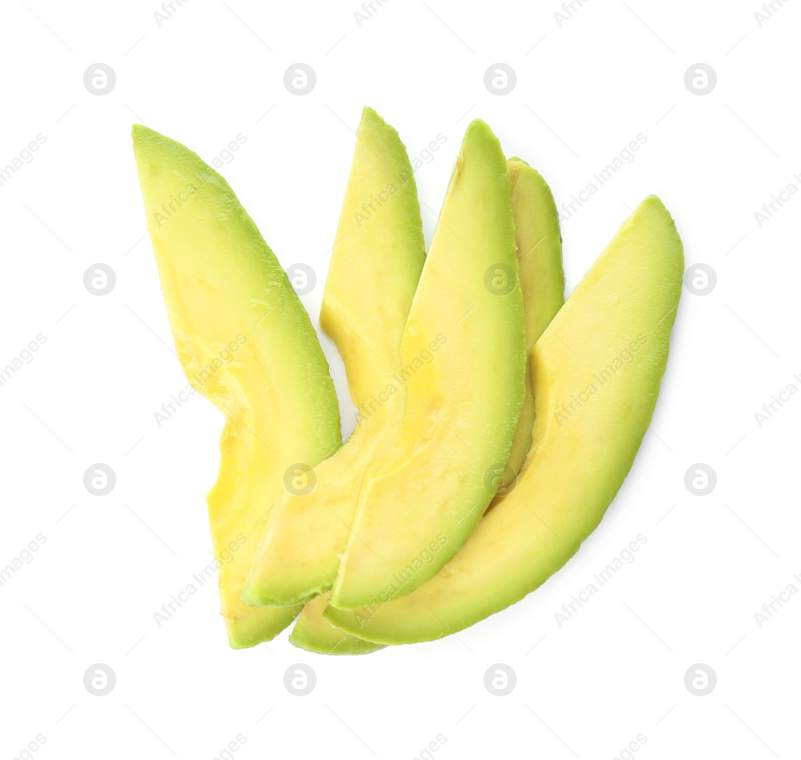 Slices of ripe avocado on white background, top view Photo of Slices of ripe avocado on white background, top view