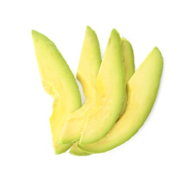 Slices of ripe avocado on white background, top view Photo of Slices of ripe avocado on white background, top view