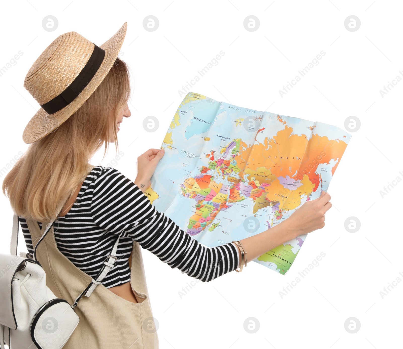Woman with map on white background. Summer travel Photo of Woman with map on white background. Summer travel