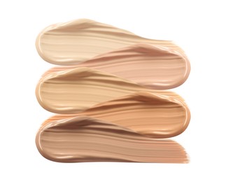 Different shades of liquid skin foundation on white background, top view Image of Different shades of liquid skin foundation on white background, top view