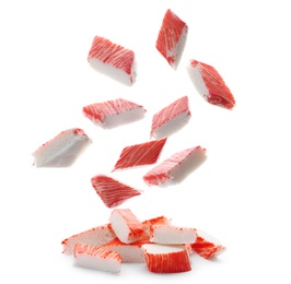 Cut fresh crab sticks falling on white background Image of Cut fresh crab sticks falling on white background