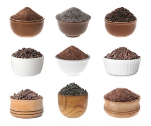 Set of bowls with black salt isolated on white Image of Set of bowls with black salt isolated on white