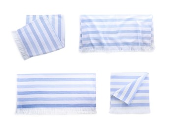 Set with soft towels on white background, top view Image of Set with soft towels on white background, top view