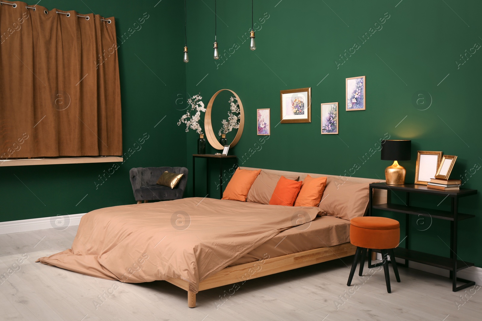 Stylish bedroom with modern furniture. Interior design Photo of Stylish bedroom with modern furniture. Interior design