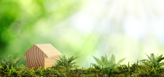 Eco friendly home. House model on green grass outdoors, banner design with space for text Image of Eco friendly home. House model on green grass outdoors, banner design with space for text