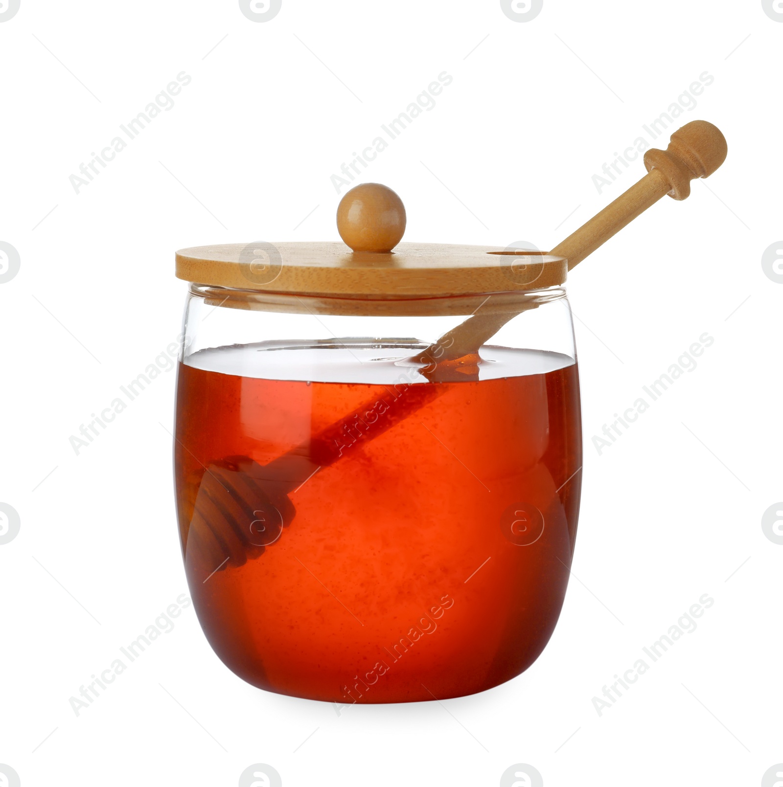 Jar with organic honey and dipper isolated on white Photo of Jar with organic honey and dipper isolated on white
