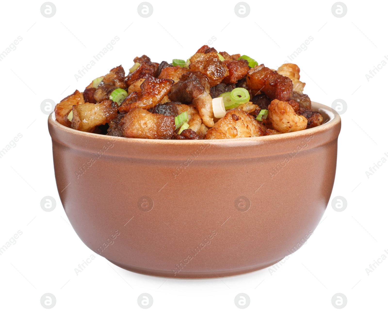 Tasty fried cracklings with green onion in bowl on white background. Cooked pork lard Photo of Tasty fried cracklings with green onion in bowl on white background. Cooked pork lard