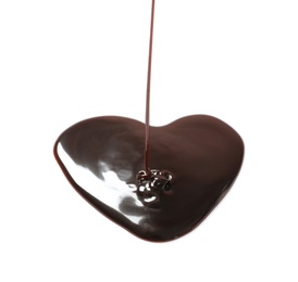 Pouring chocolate syrup into heart shaped puddle on white background Photo of Pouring chocolate syrup into heart shaped puddle on white background