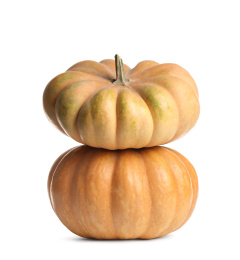 Photo of Fresh ripe pumpkins isolated on white background. Autumn season