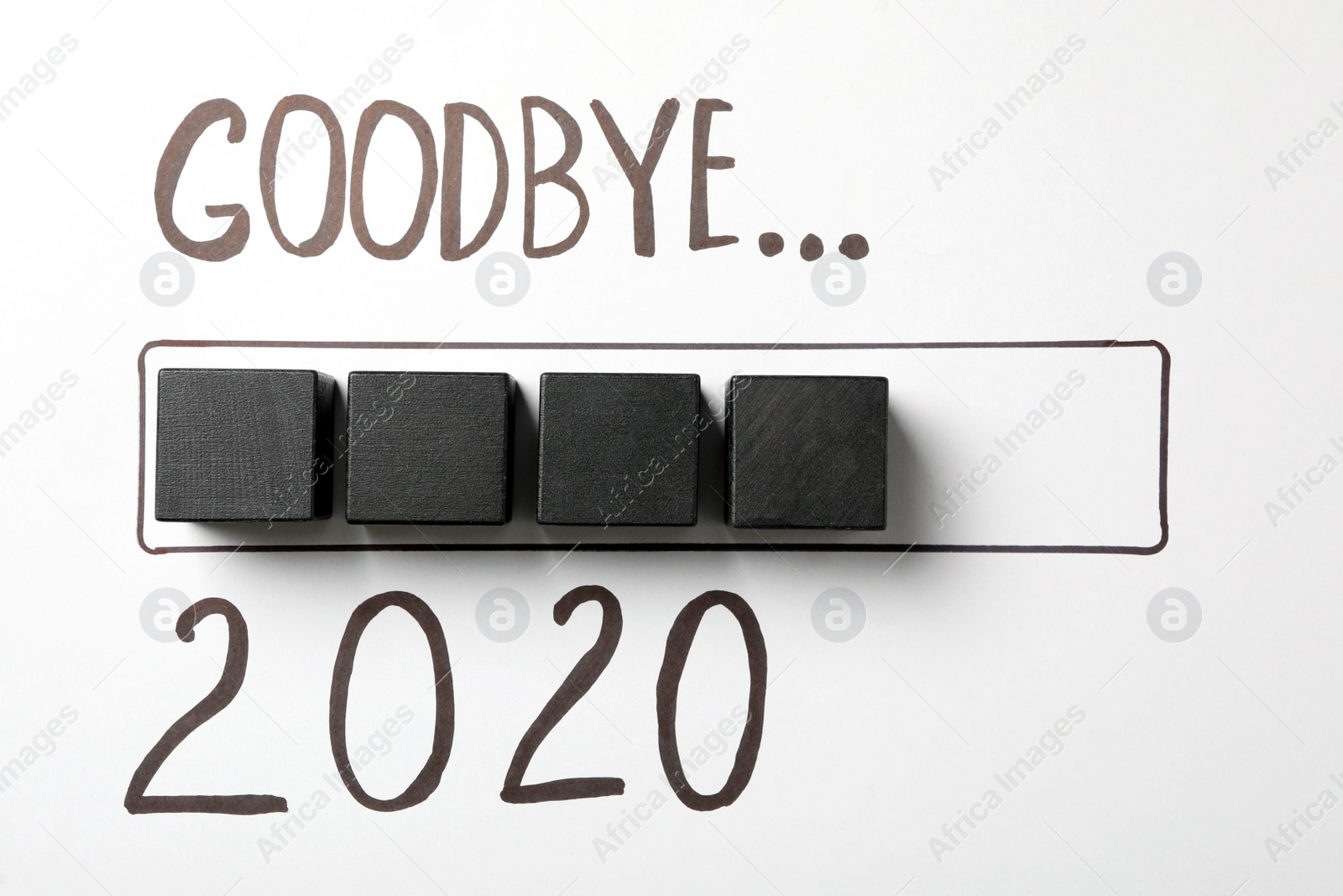 Text Goodbye 2020 and drawn loading line with cubes on white background, flat lay Photo of Text Goodbye 2020 and drawn loading line with cubes on white background, flat lay