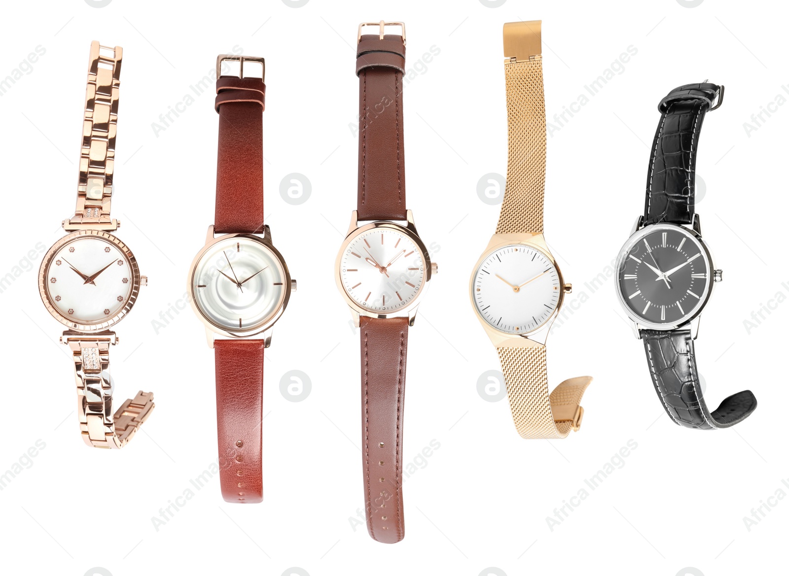 Collage of stylish watches on white background Image of Collage of stylish watches on white background