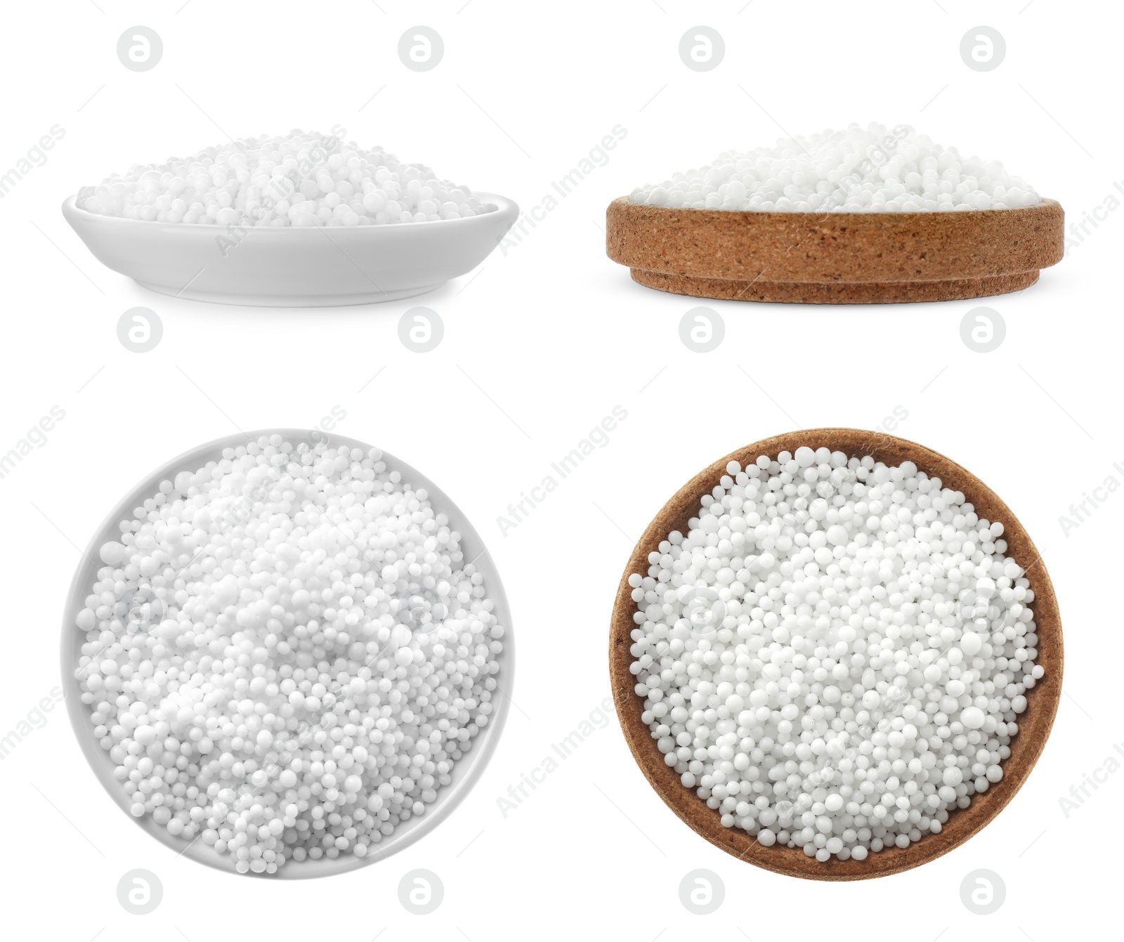 Image of Set with ammonium nitrate pellets on white background. Mineral fertilizer