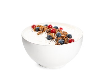 Delicious yogurt with granola and berries in bowl isolated on white Photo of Delicious yogurt with granola and berries in bowl isolated on white