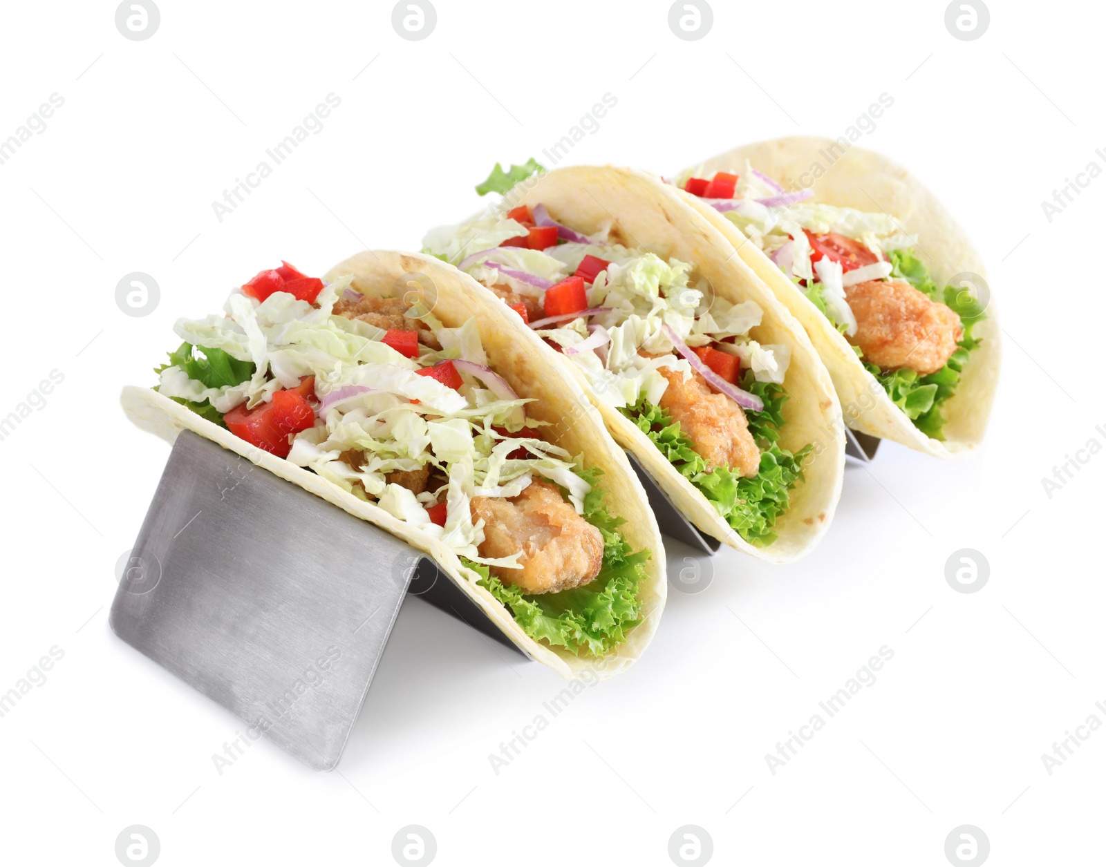 Yummy fish tacos in holder isolated on white Photo of Yummy fish tacos in holder isolated on white
