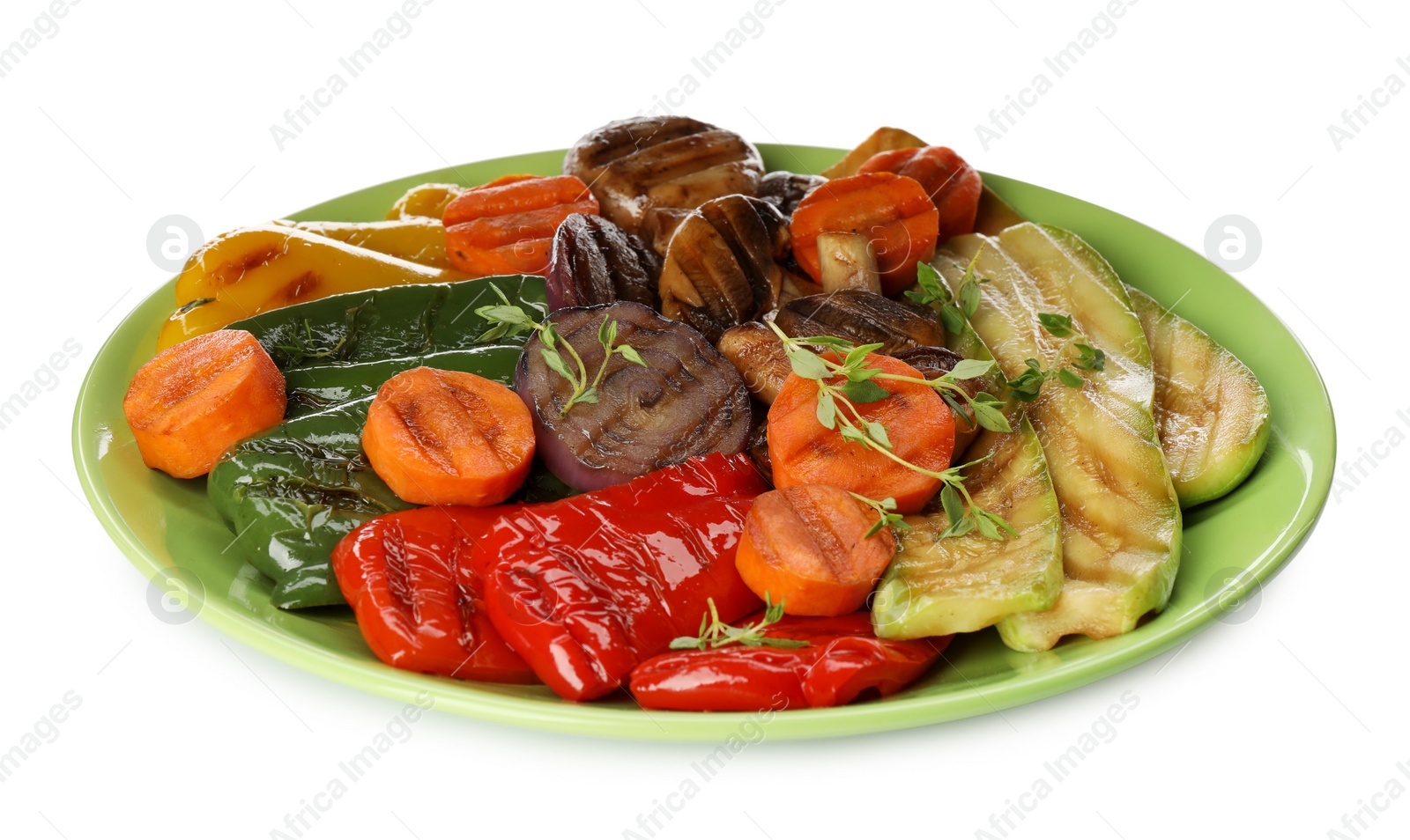 Different delicious grilled vegetables on white background Photo of Different delicious grilled vegetables on white background