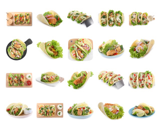 Set of delicious fresh fish tacos on white background Image of Set of delicious fresh fish tacos on white background