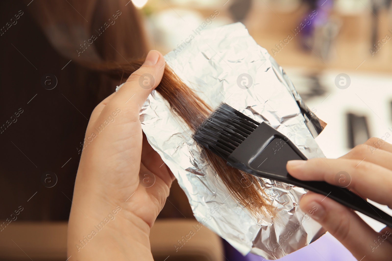 Professional hairdresser working with client in salon Photo of Professional hairdresser working with client in salon