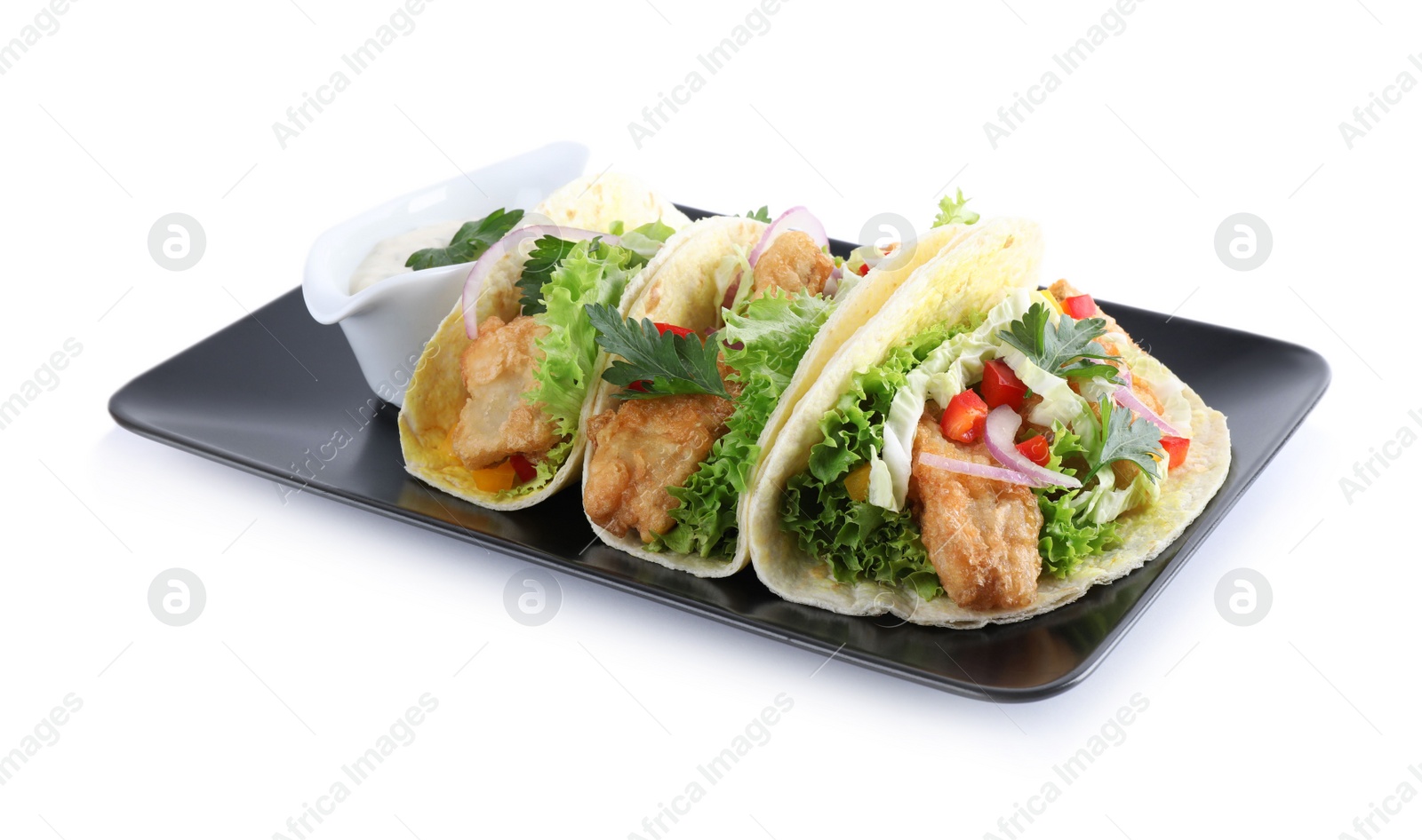 Yummy fish tacos with sauce isolated on white Photo of Yummy fish tacos with sauce isolated on white