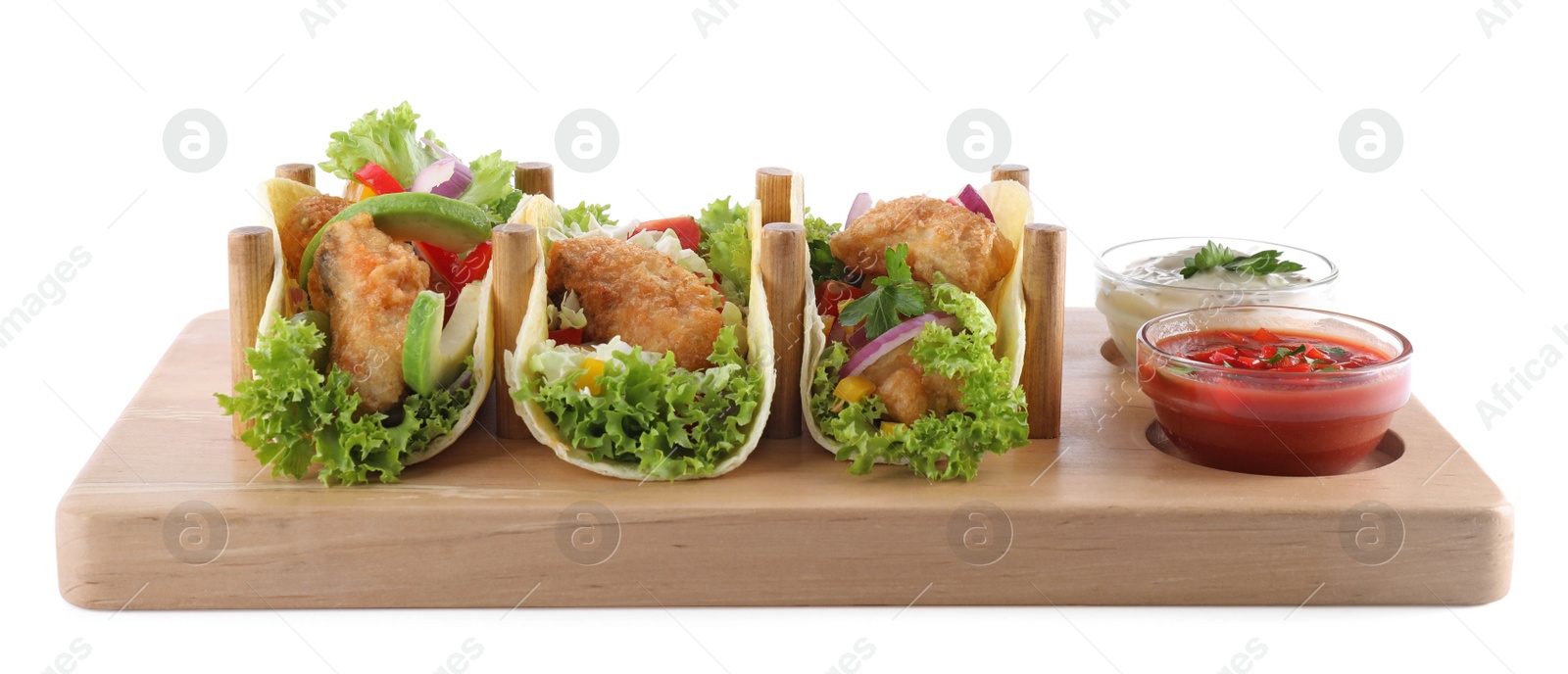 Board with tasty fish tacos isolated on white Photo of Board with tasty fish tacos isolated on white
