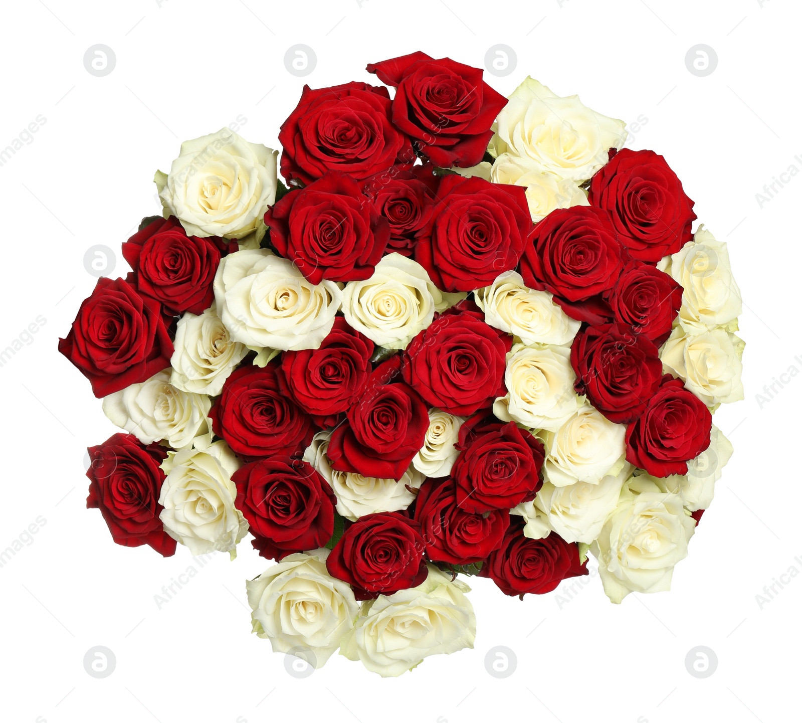 Luxury bouquet of fresh roses isolated on white, top view Photo of Luxury bouquet of fresh roses isolated on white, top view
