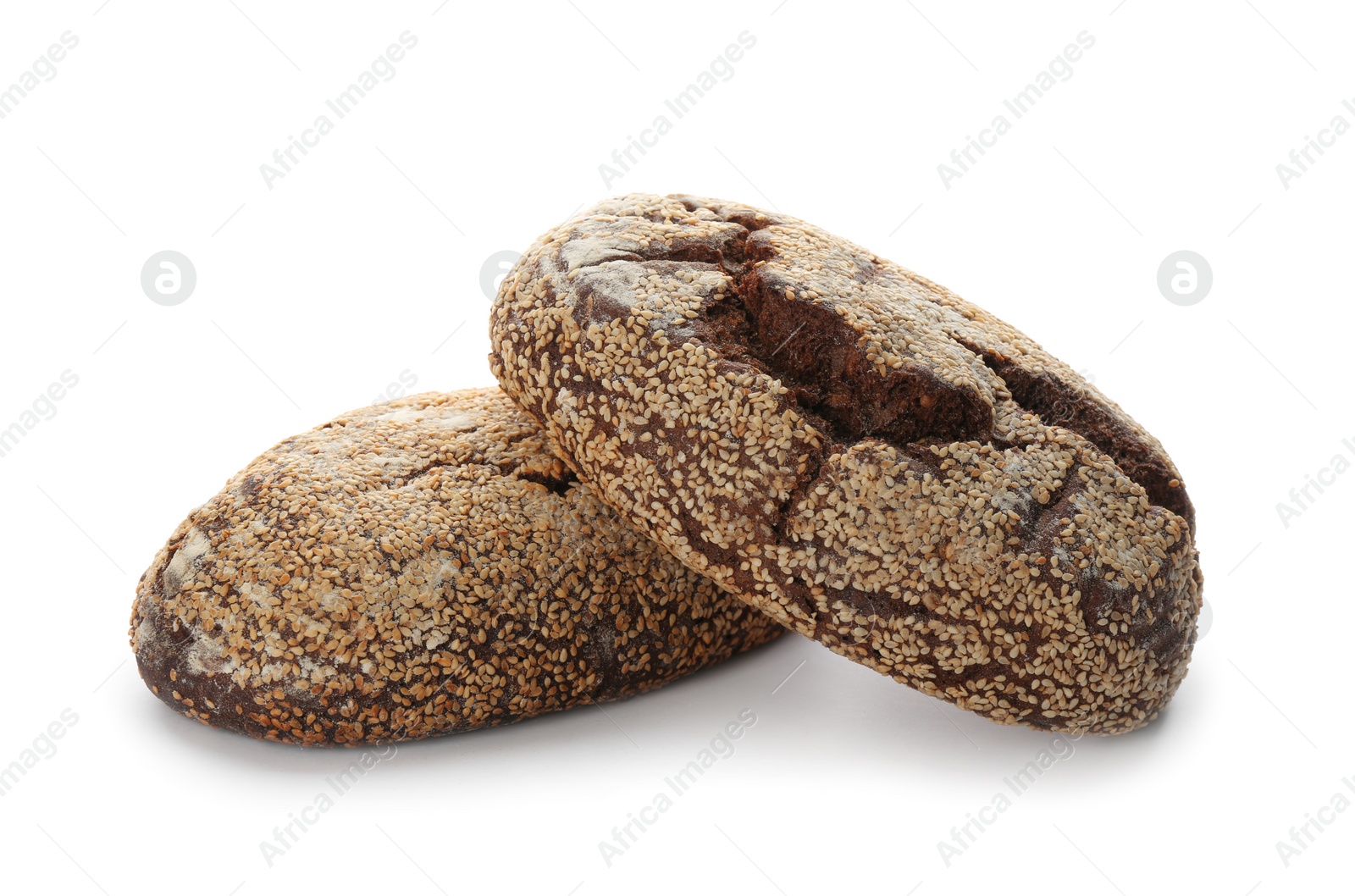 Photo of Loaves of delicious fresh bread on white background