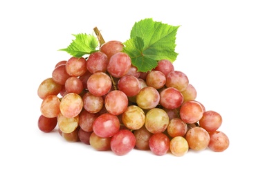 Bunch of fresh ripening red grapes with leaves isolated on white Photo of Bunch of fresh ripening red grapes with leaves isolated on white