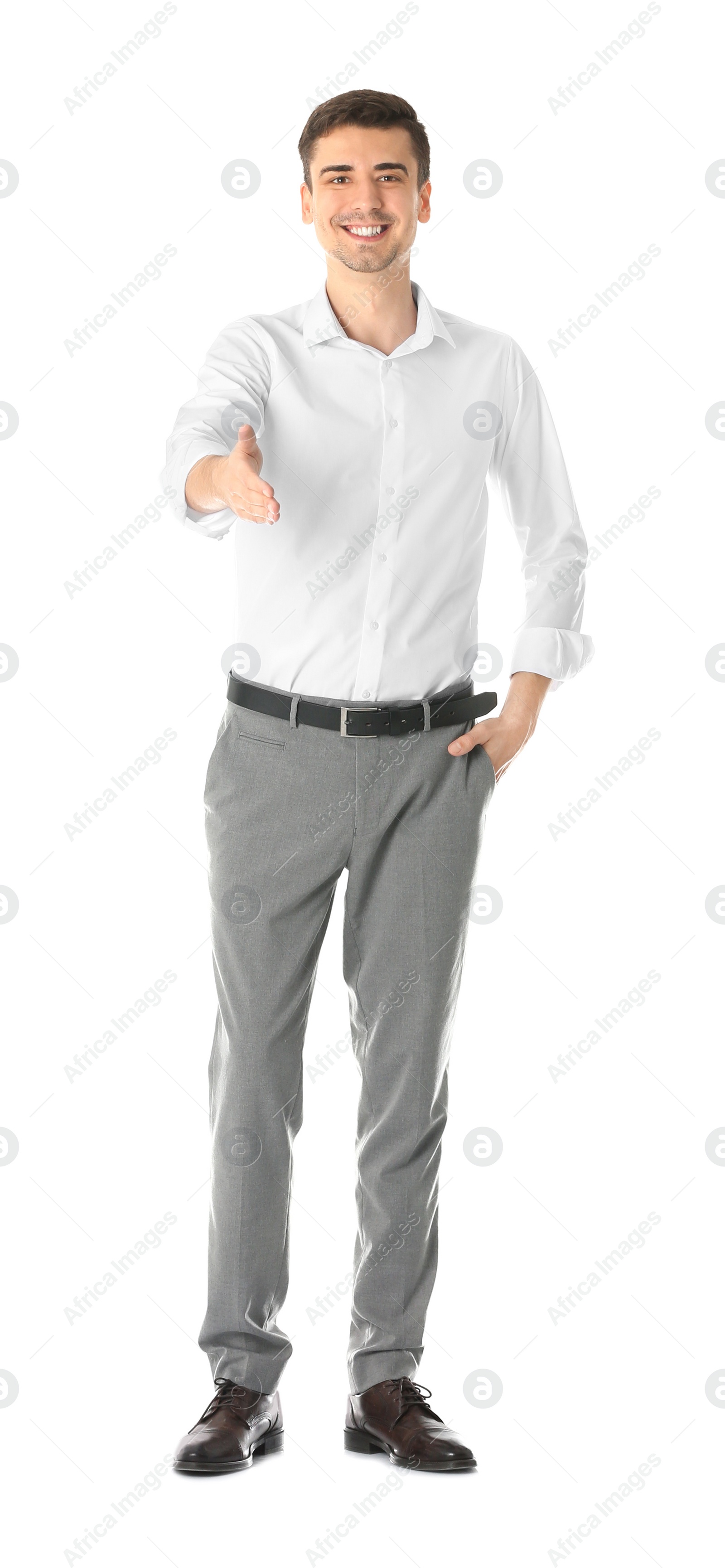 Business trainer reaching out for handshake on white background Photo of Business trainer reaching out for handshake on white background