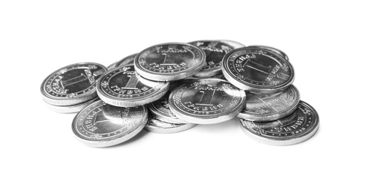 Photo of Ukrainian coins isolated on white. National currency