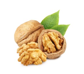 Tasty walnuts and green leaves on white background Image of Tasty walnuts and green leaves on white background