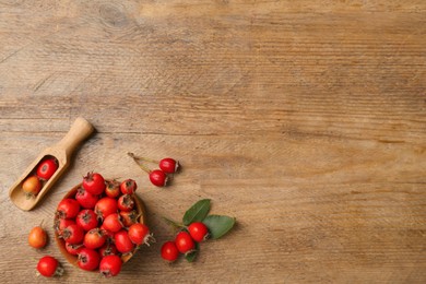 Ripe rose hip berries with green leaves and scoop on wooden table, flat lay. Space for text Photo of Ripe rose hip berries with green leaves and scoop on wooden table, flat lay. Space for text