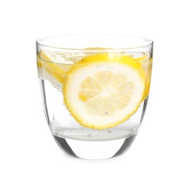 Soda water with lemon slices isolated on white Photo of Soda water with lemon slices isolated on white
