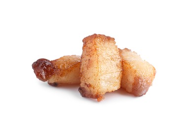 Tasty fried cracklings on white background. Cooked pork lard Photo of Tasty fried cracklings on white background. Cooked pork lard