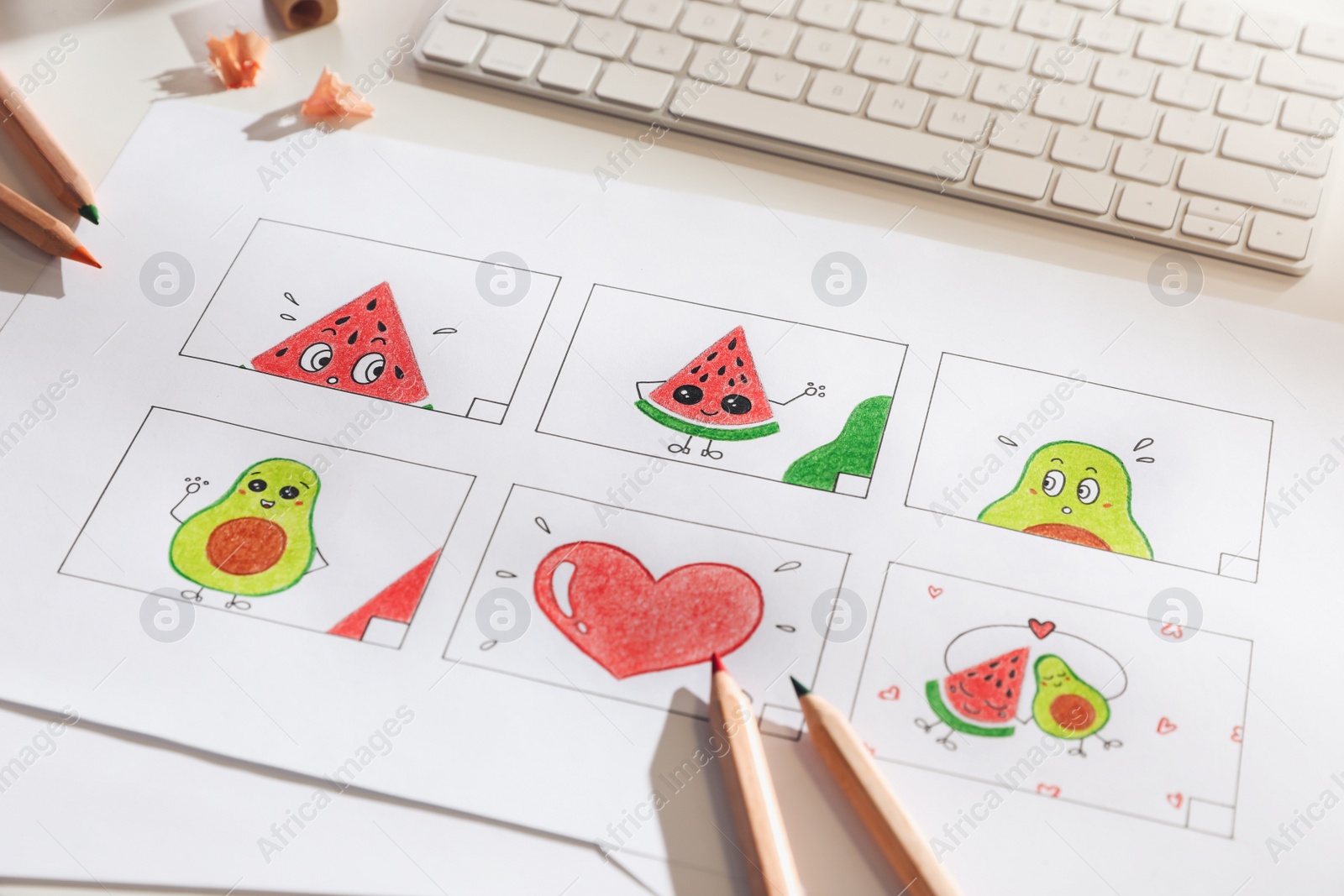 Storyboard with cartoon sketches at workplace. Pre-production process Photo of Storyboard with cartoon sketches at workplace. Pre-production process
