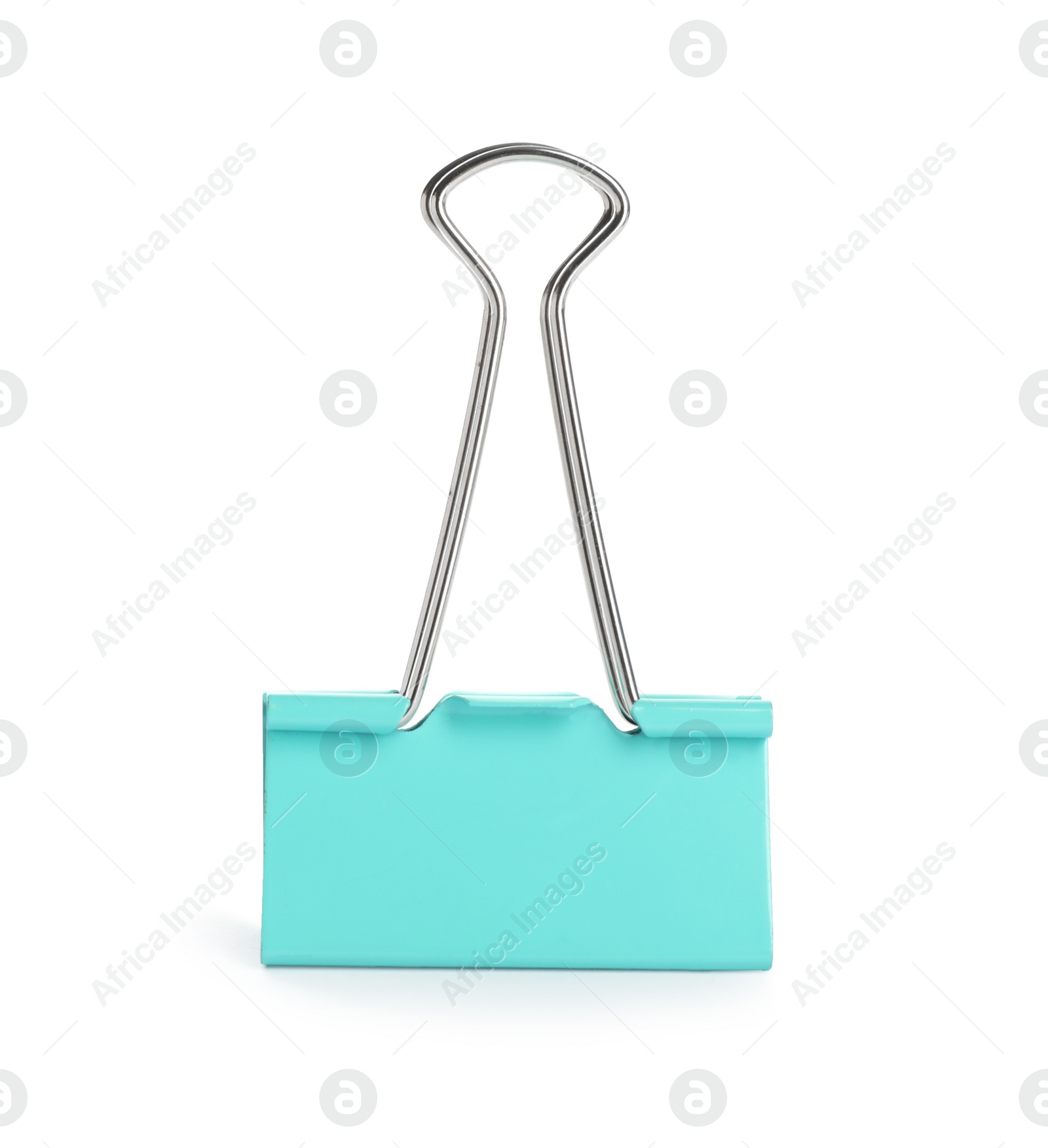 Photo of Turquoise binder clip isolated on white. Stationery