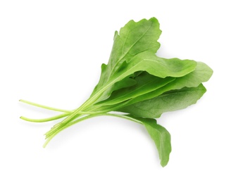Fresh arugula on white background, top view Photo of Fresh arugula on white background, top view