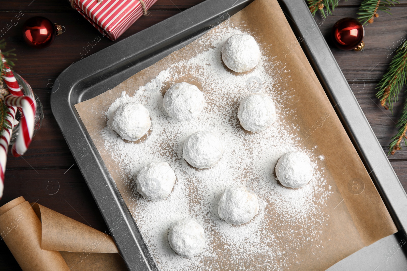 Flat lay composition with Christmas snowball cookies on table Photo of Flat lay composition with Christmas snowball cookies on table