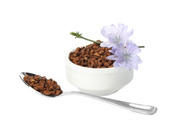 Chicory granules and flowers on white background Photo of Chicory granules and flowers on white background