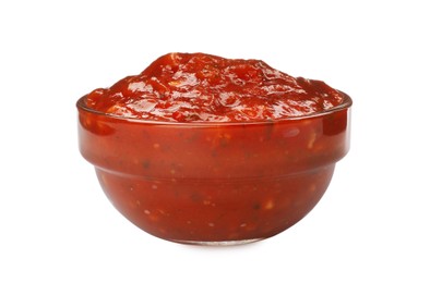 Delicious adjika sauce in glass bowl isolated on white Photo of Delicious adjika sauce in glass bowl isolated on white