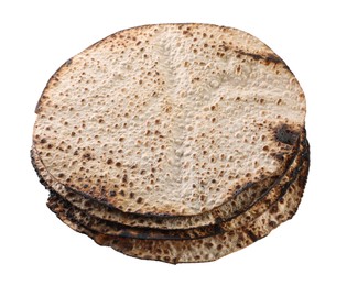Tasty matzos on white background, above view. Passover (Pesach) celebration Photo of Tasty matzos on white background, above view. Passover (Pesach) celebration