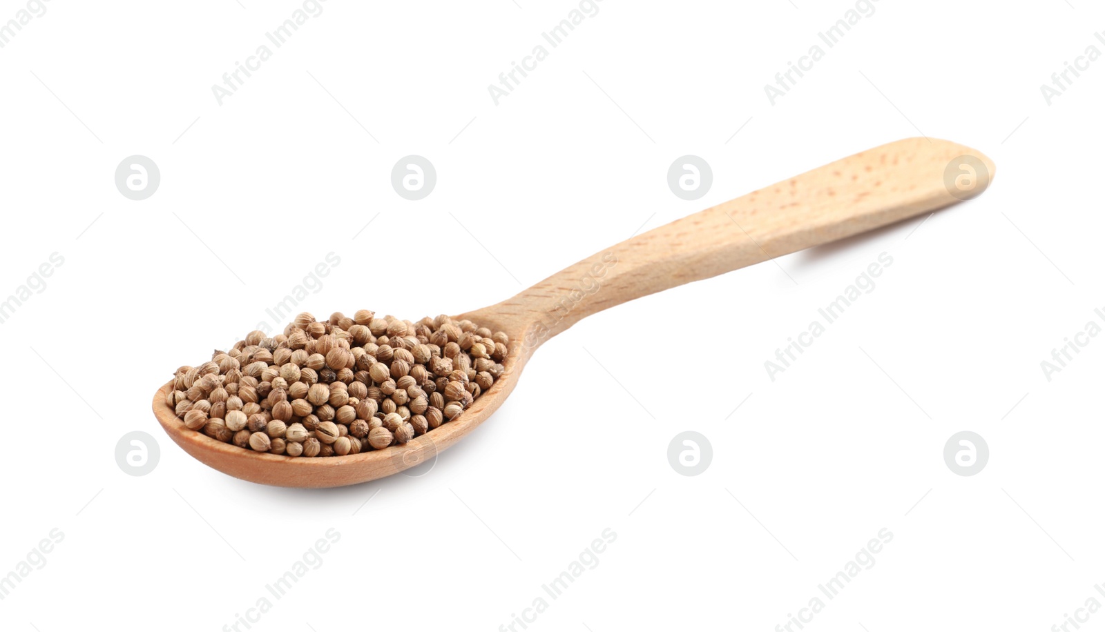 Dried coriander seeds with wooden spoon isolated on white Photo of Dried coriander seeds with wooden spoon isolated on white
