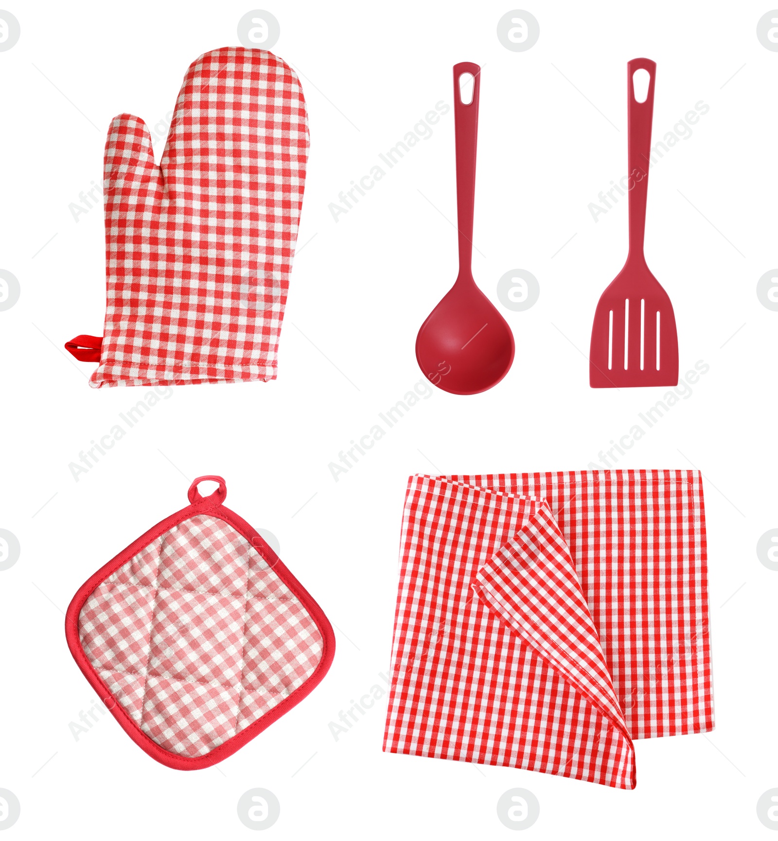 Image of Set with different kitchen utensils and oven glove on white background, top view